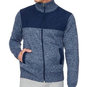 Izod Men's Blue Plaid Sweater Full-Zip with Contrast Panels Winter Gear